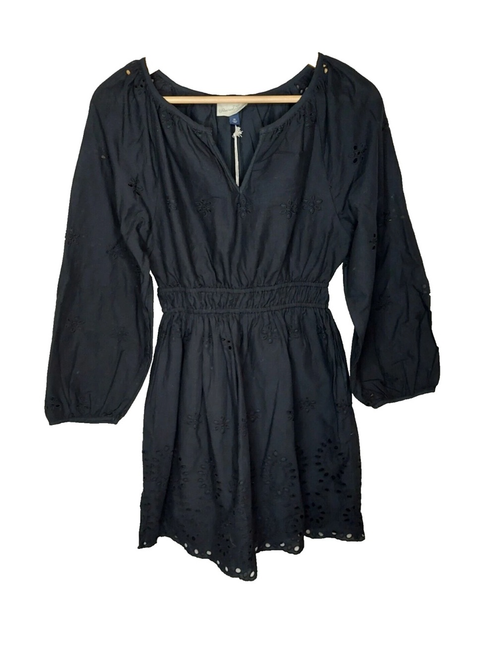 Universal Thread 3/4 Sleeve Black Eyelet Smocked-Waist Cotton Mini Dress